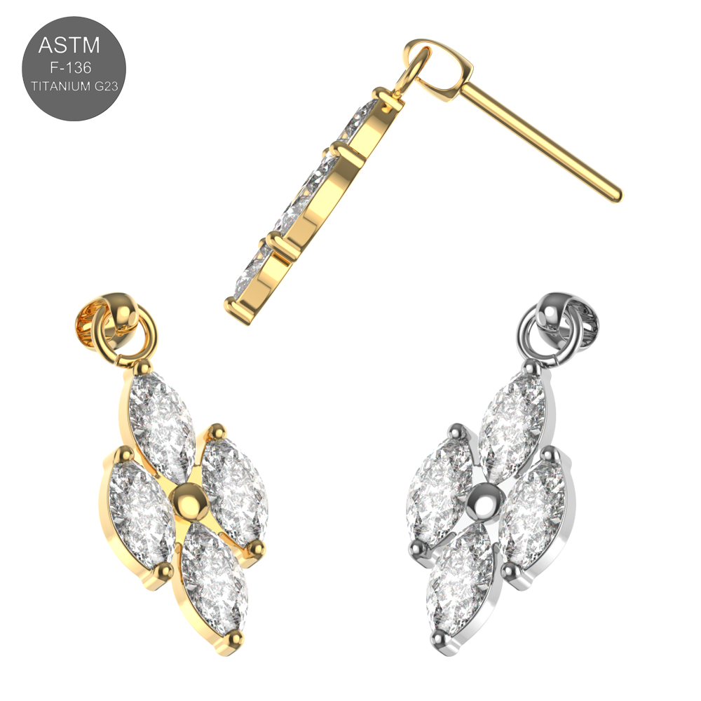 G23 Titanium 4 CZ Marquise Jewelled Hanging Threadless Pin Top - Monster Piercing