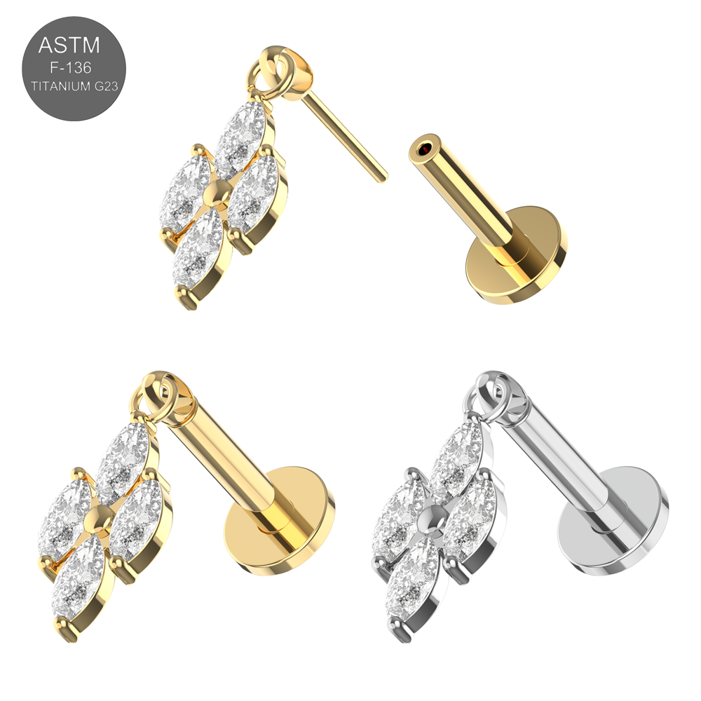 G23 Titanium 4 CZ Marquise Jewelled Thread-less Push-Fit With Flatback Stud - Monster Piercing