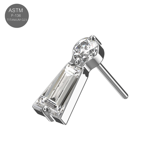 G23 Titanium Baguette & Round CZ Jewelled Threadless Top in silver with clear CZ stones, ideal for cartilage and helix piercings.