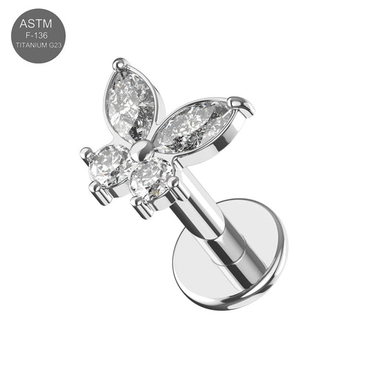G23 Titanium Butterfly CZ Top With Internal Thread Base Labret - Monster Piercing