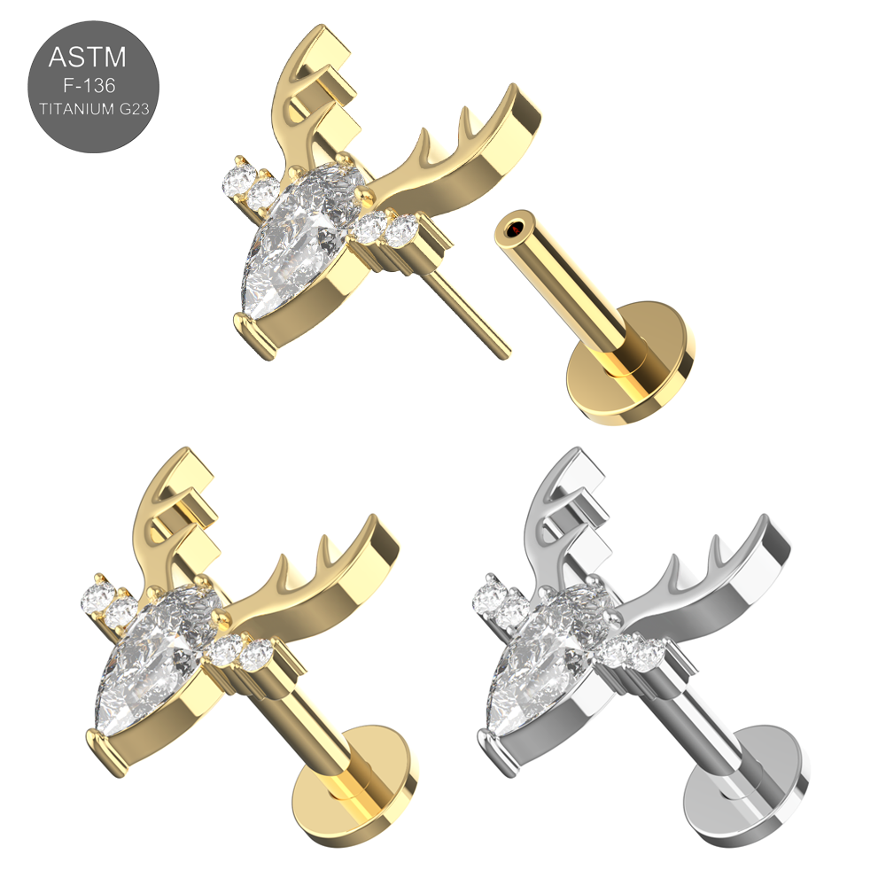G23 Titanium CZ Jewelled Deer Thread-less Flatback Stud - Monster Piercing