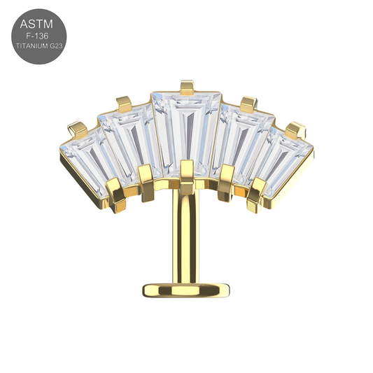 G23 Titanium Crown Shape CZ Jewelled Threadless Floating Belly Ring in gold with five baguette-cut CZ stones in a fan-shaped crown design.