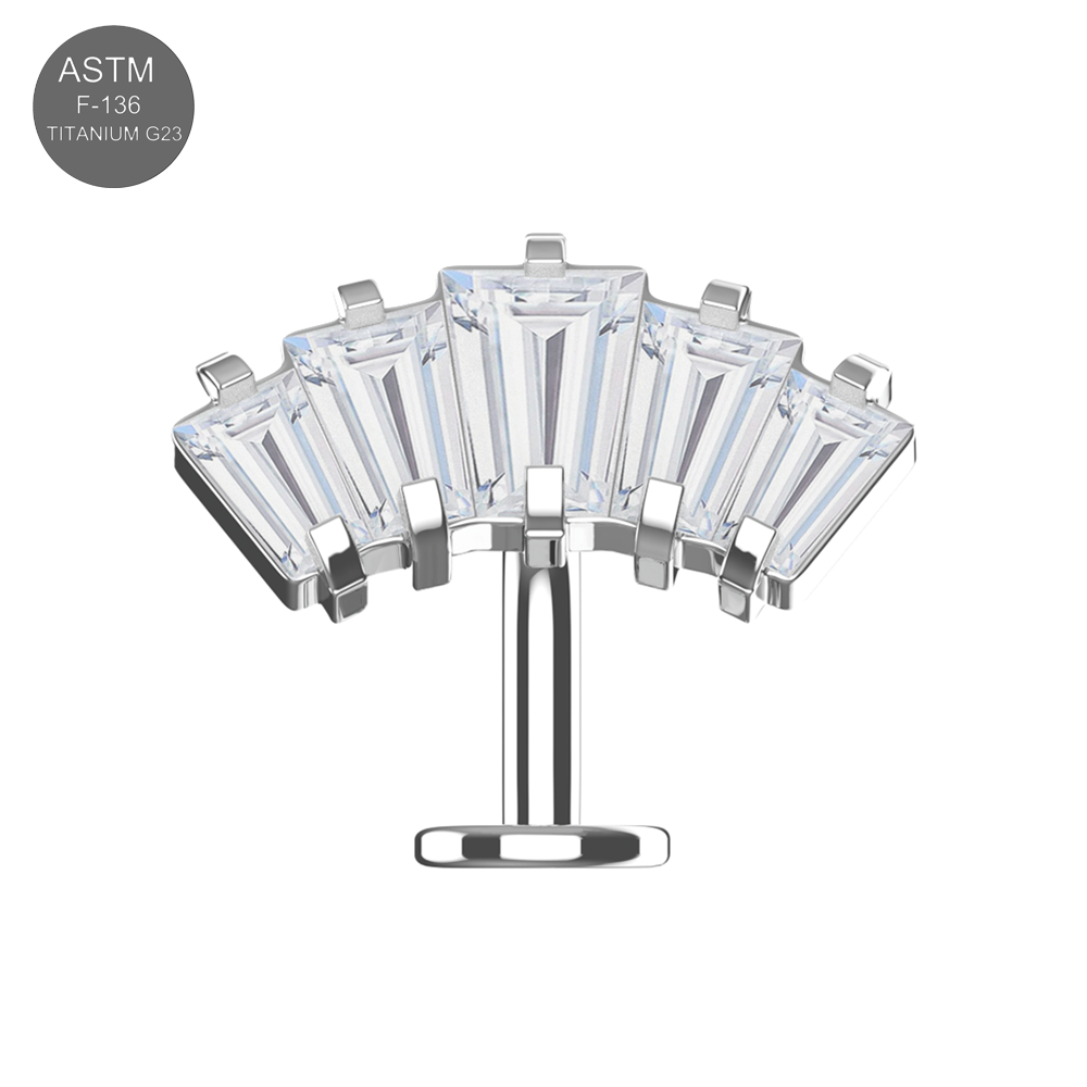 Silver G23 Titanium Crown Shape CZ Jewelled Threadless Floating Belly Ring featuring a fan-shaped crown design with clear CZ stones.