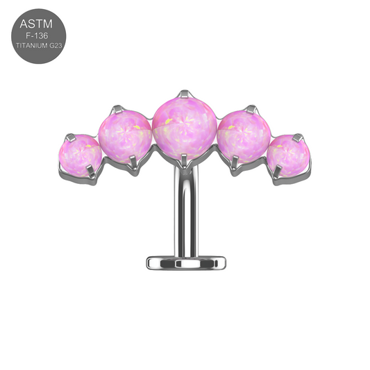 G23 Titanium Five Opal Balls Threadless Floating Belly Ring in pink opal with prong setting, ideal for stylish and safe navel piercings.