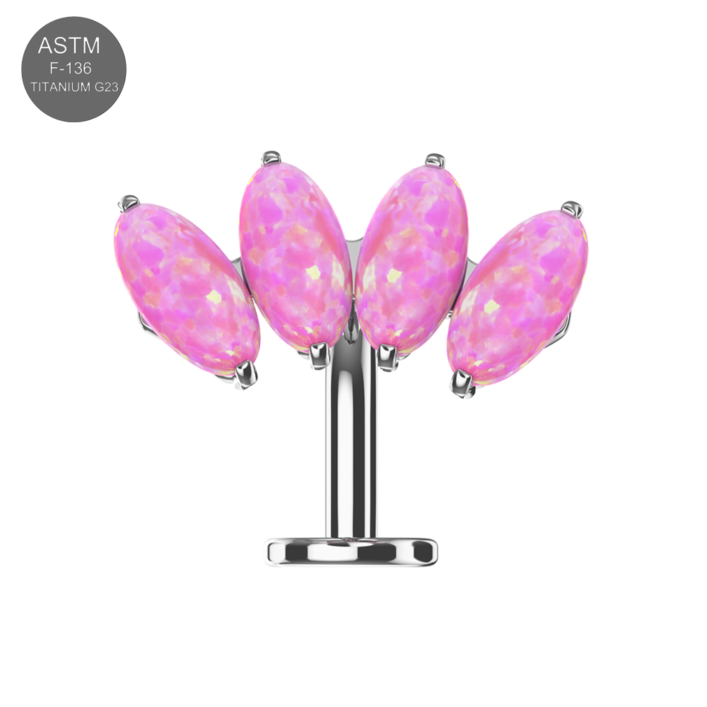G23 Titanium Four Opal Stone Jewelled Threadless Floating Belly Ring with pink marquise opals in a fan-shaped design on a silver base.