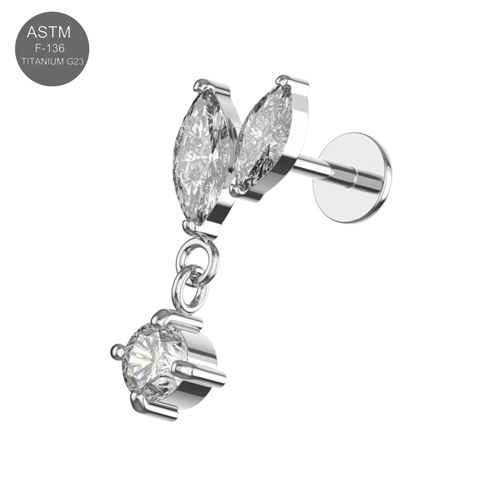 G23 Titanium Marquise & Round CZ Dangle Labret Stud - Monster Piercing