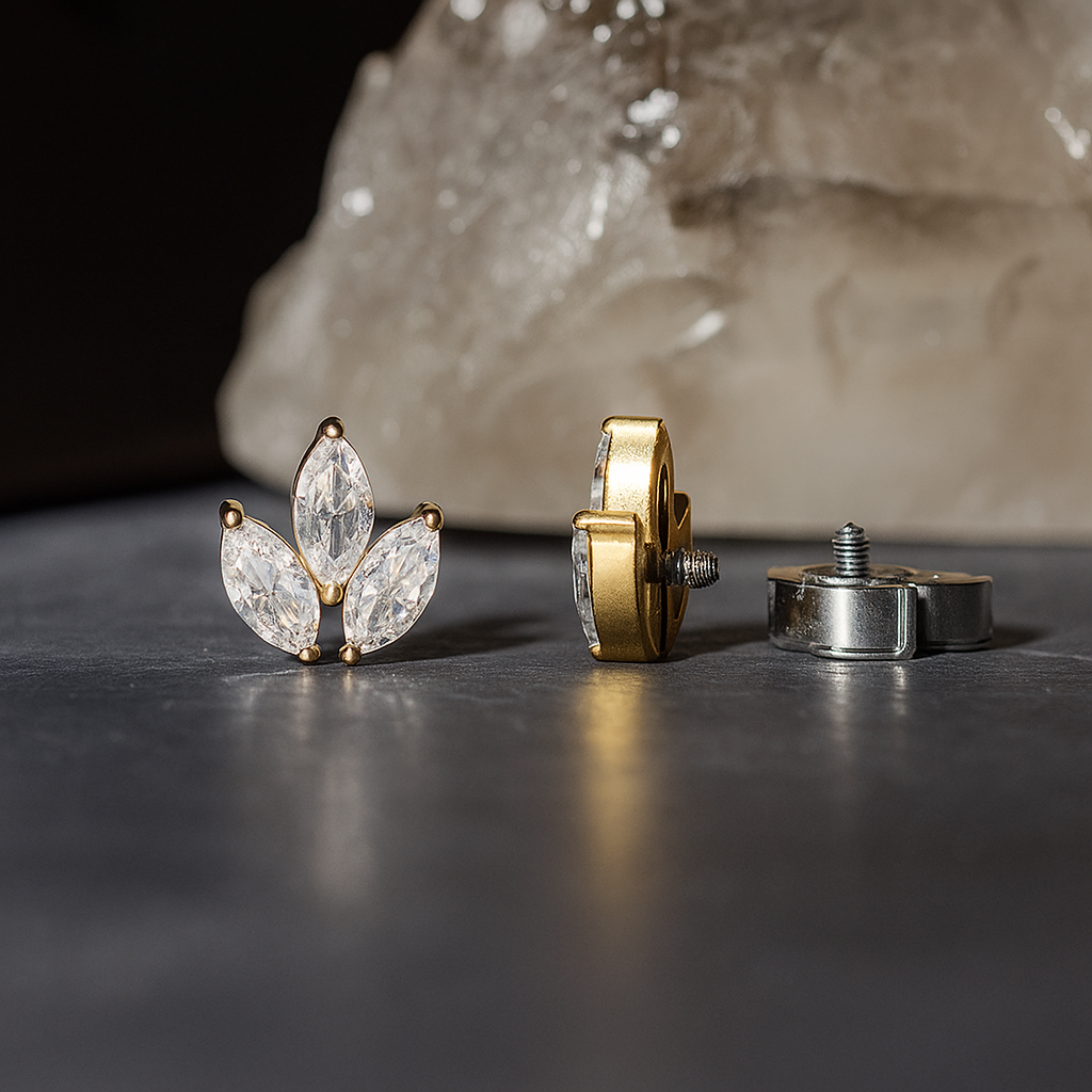 G23 Titanium Marquise CZ Jewelled Leaf Set Internally Threaded Flatback Stud Plain Gold Rose Gold