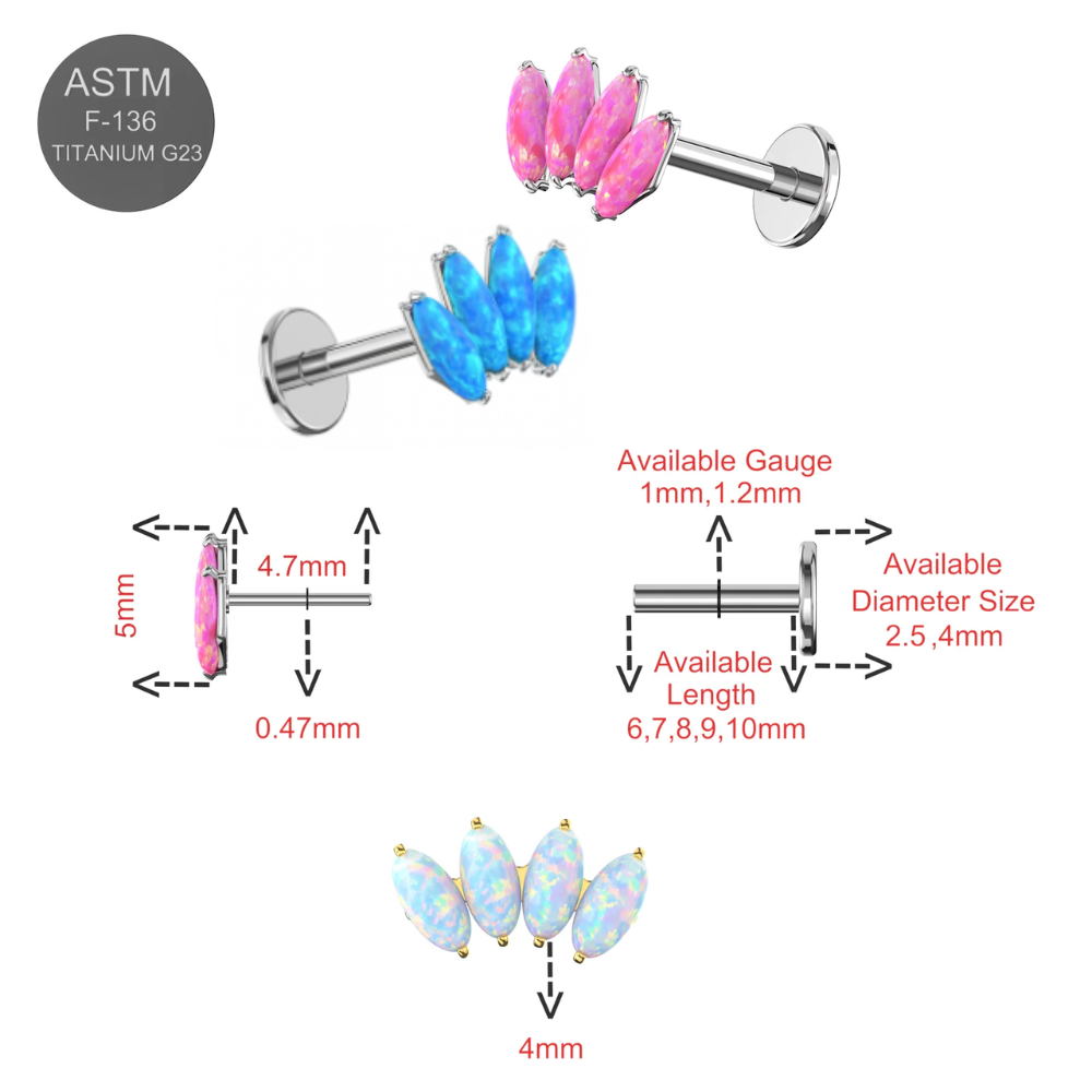 G23 Titanium Opal Marquise Jewelled Thread-less Push-Fit Top With Flatback Stud - Monster Piercing