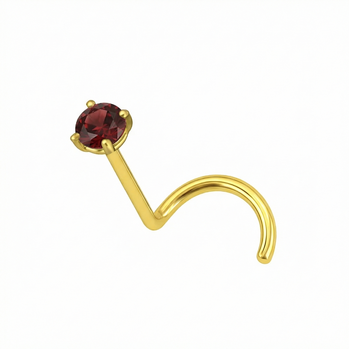 14K Gold Garnet Natural Stone Nose Screw with claw-set red garnet, elegant body jewelry for secure and stylish nose piercing wear.