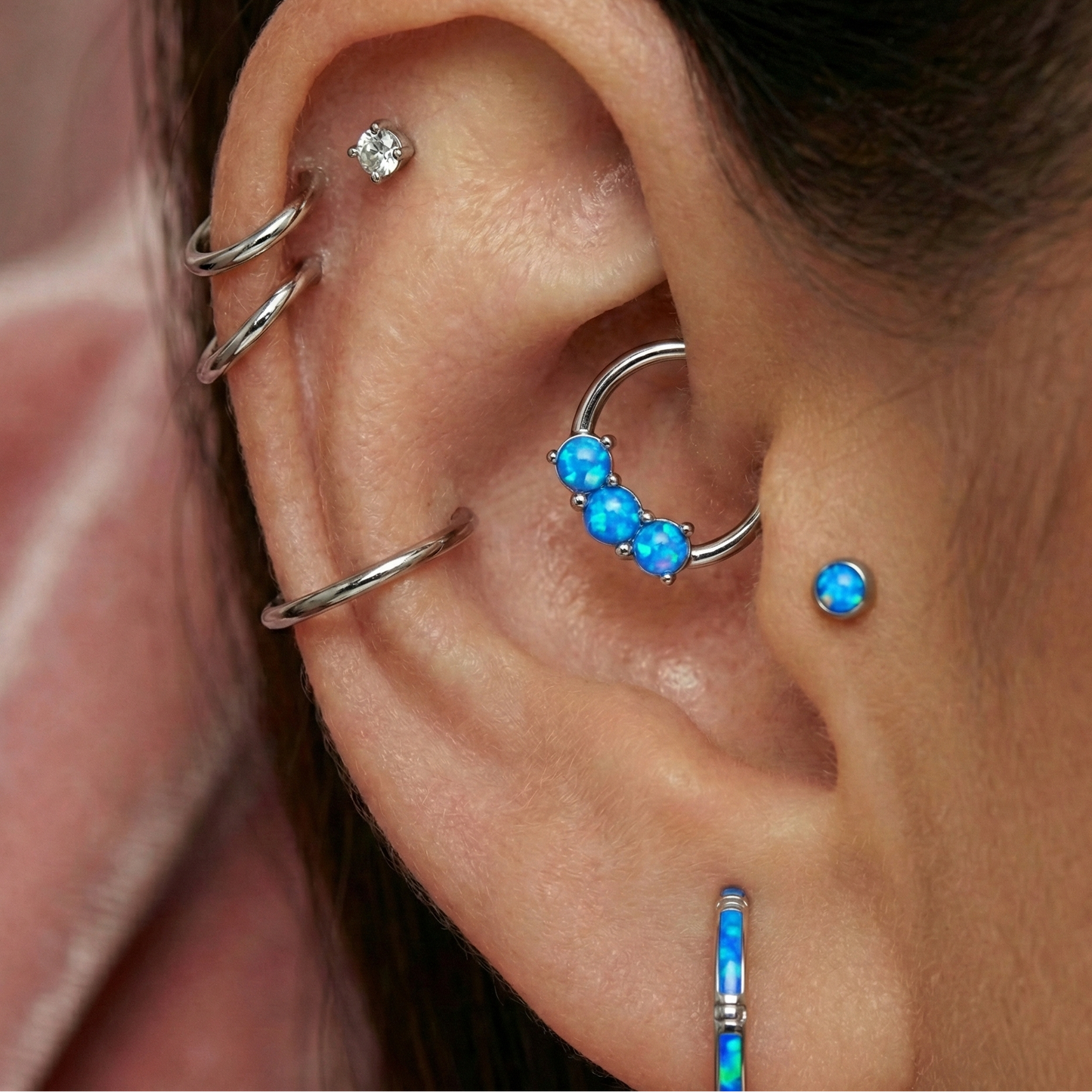 316L Surgical Steel Triple Opal Studded Hinged Segment Clicker Ring