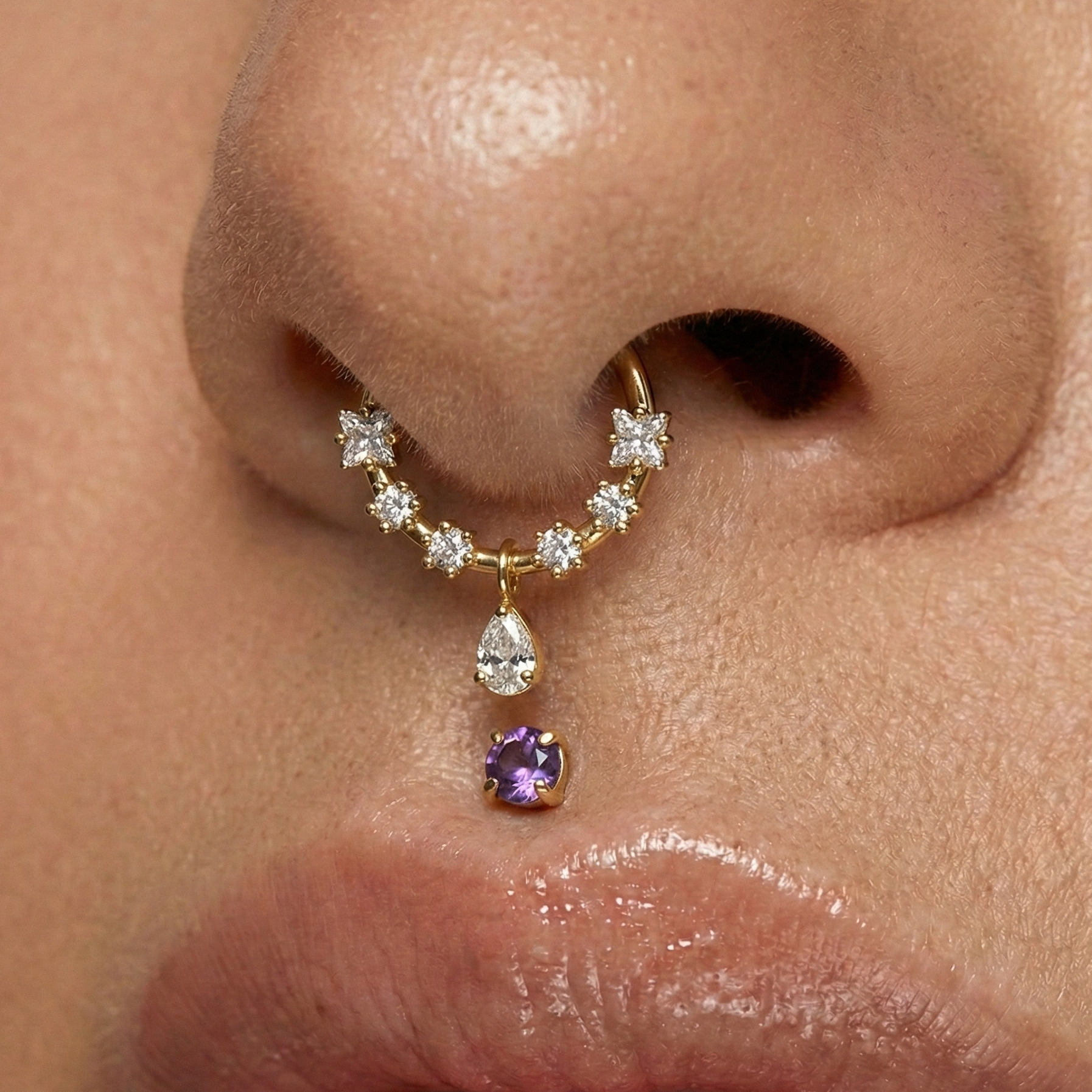 Minimal 14K Gold Amethyst Natural Stone Flatback Stud worn on the nose, paired with a diamond septum ring for a stylish, elegant look.