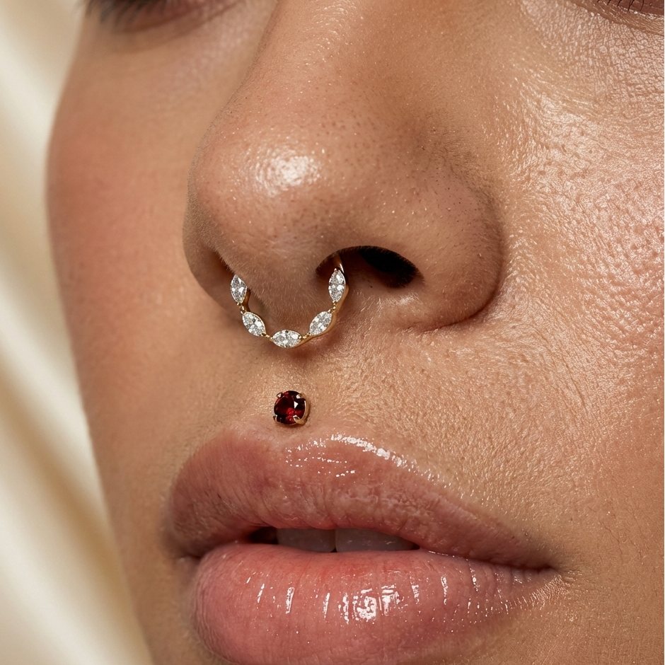 Minimal 14K Gold Garnet Natural Stone Flatback Stud worn on a philtrum piercing, showcasing its rich red hue and elegant gold setting for facial jewelry styling.