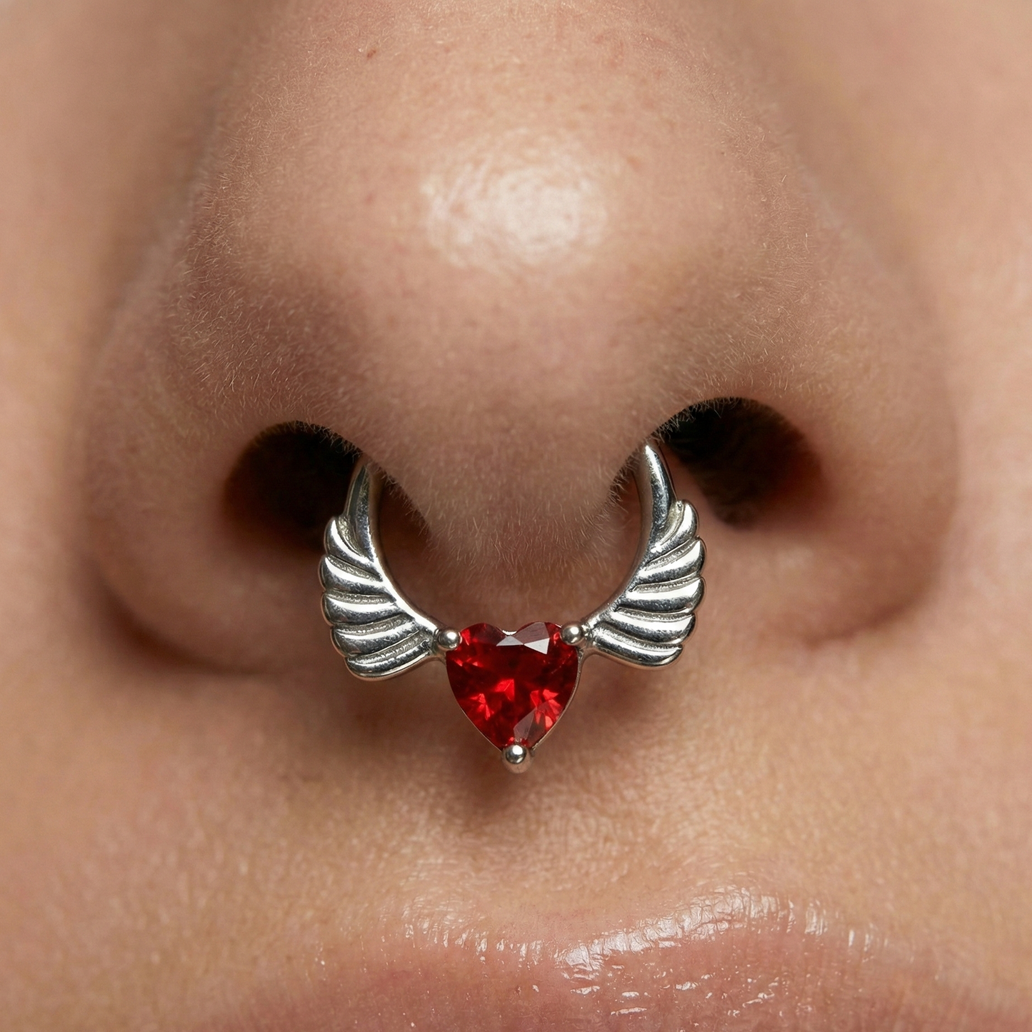 316L Surgical Steel Angel Wings with Red Heart CZ Septum Clicker