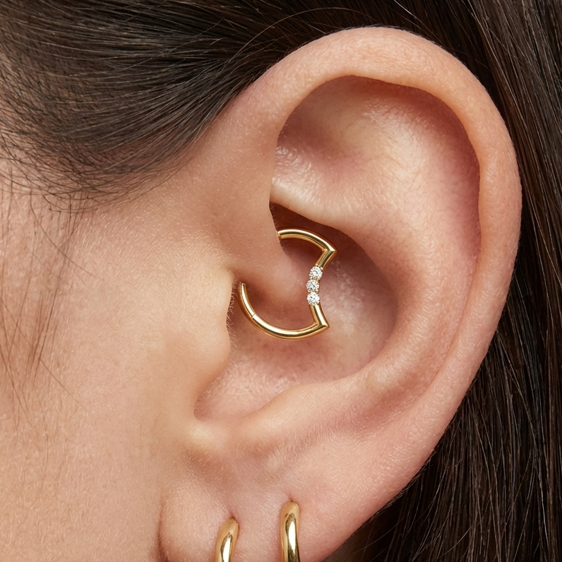 14K Gold Round CZ Jewelled Crescent Segment Clicker Ring