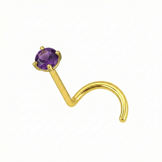 Minimal 14K Gold Amethyst Natural Stone Nose Stud with claw-set design and curved screw for secure fit in body jewelry collections.