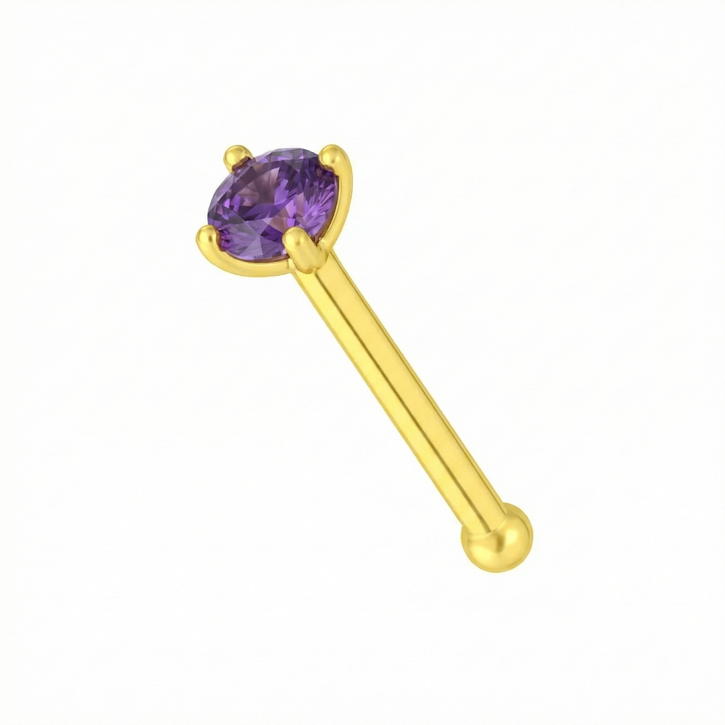 Classic 14K Gold Amethyst Natural Stone Nose Stud featuring a claw-set round amethyst on a polished gold nose bone shaft for secure wear.