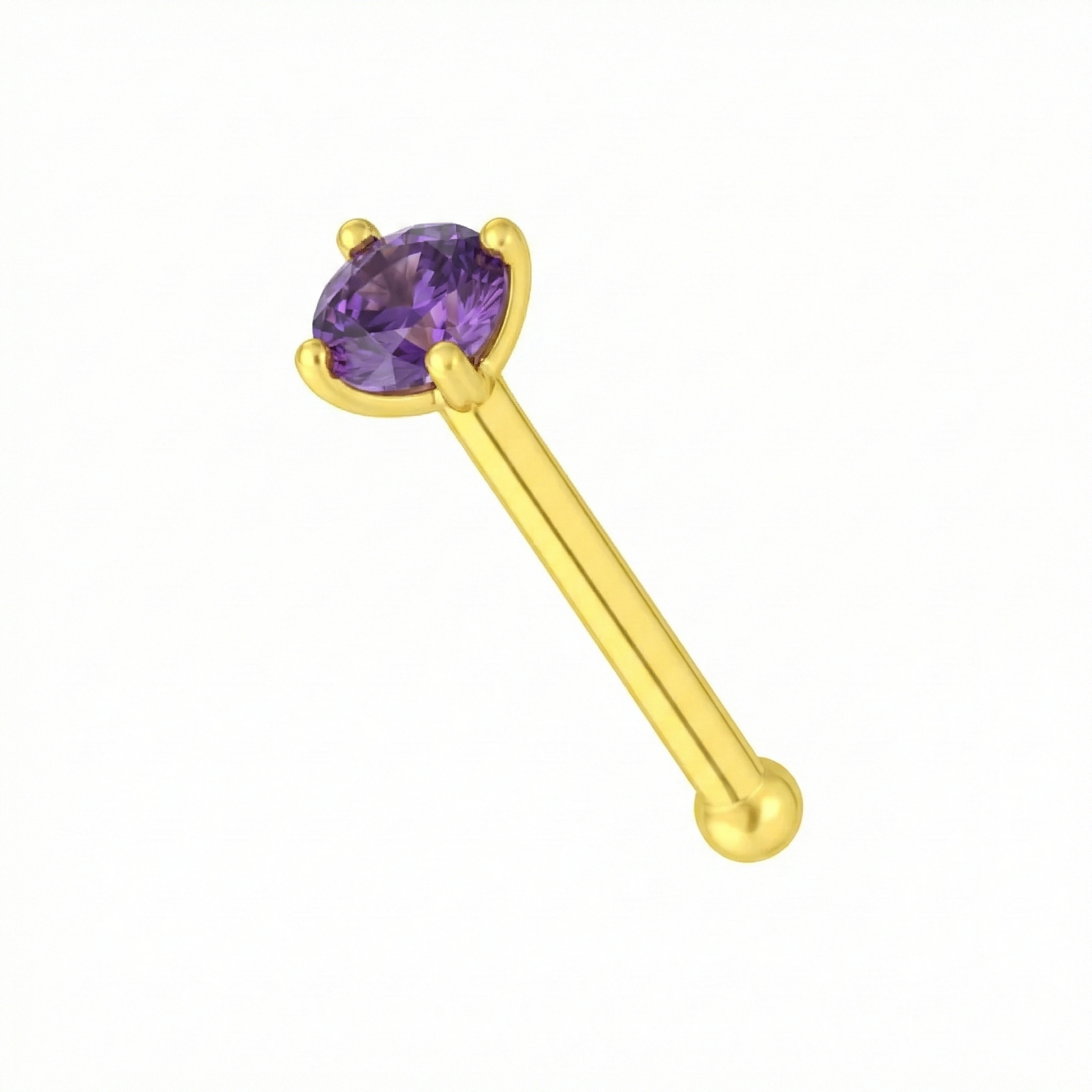 Classic 14K Gold Amethyst Natural Stone Nose Stud featuring a claw-set round amethyst on a polished gold nose bone shaft for secure wear.