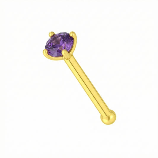 Classic 14K Gold Amethyst Natural Stone Nose Stud featuring a claw-set round amethyst on a polished gold nose bone shaft for secure wear.