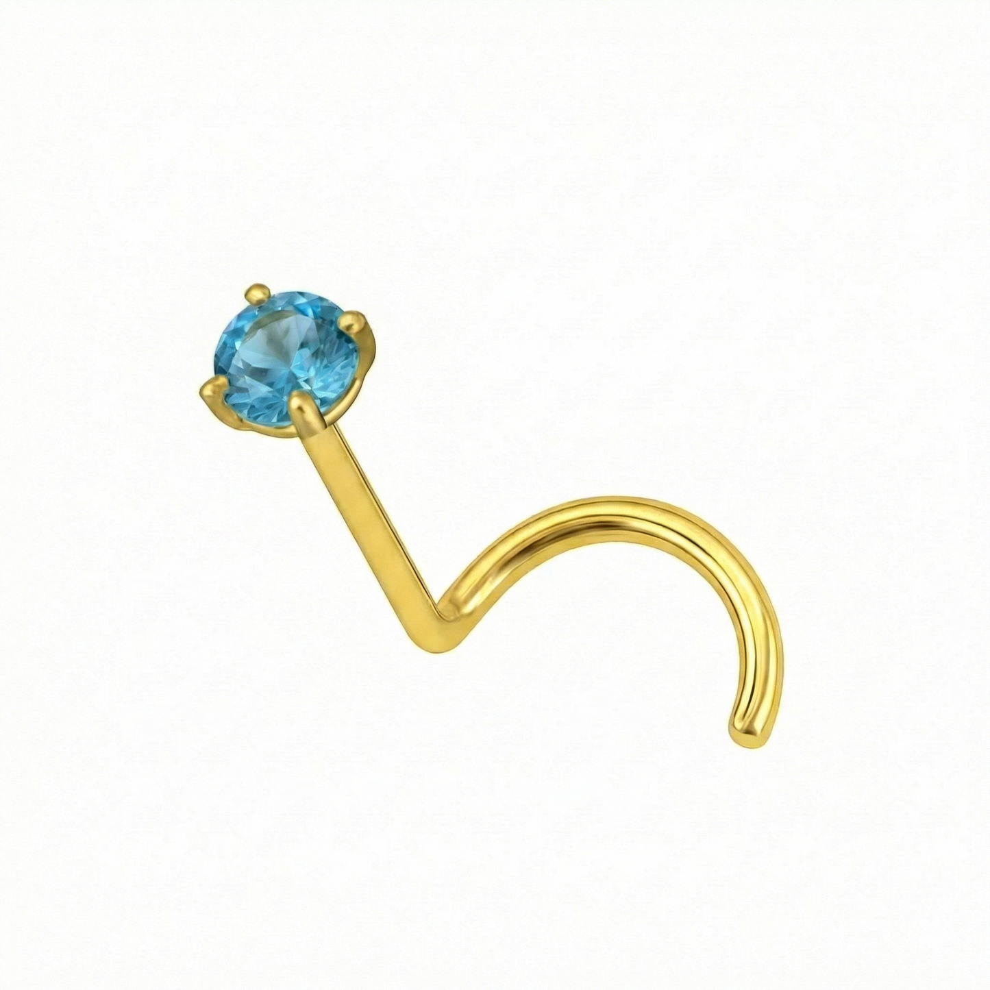 Classic 14K Gold Blue Topaz Natural Stone Nose Screw with claw-set design, featuring a curved post for secure fit in body jewelry collections.