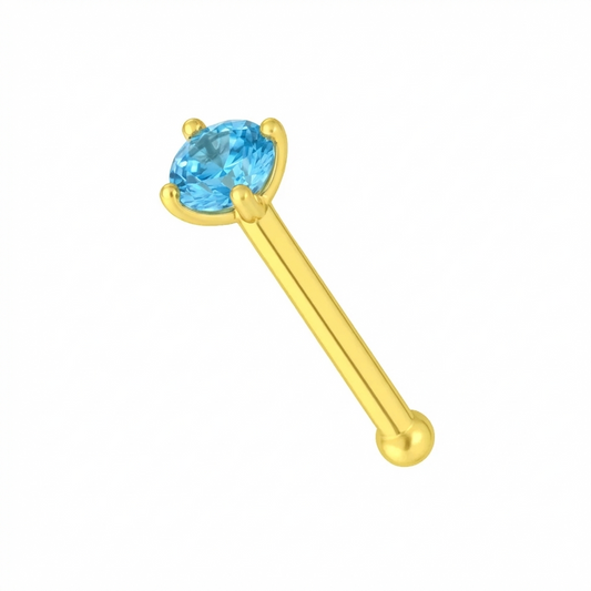 14K Gold Claw-Set Blue Topaz Natural Stone Nose Stud featuring a round-cut blue topaz in a secure claw setting on a gold nose bone shaft.