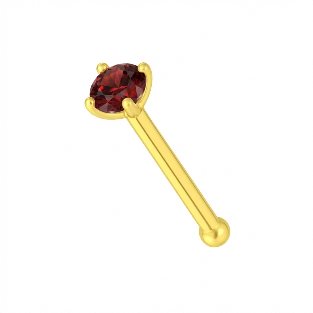 9K Gold Claw-Set Garnet Natural Stone Nose Stud featuring a deep red garnet in a secure claw setting, ideal for elegant body jewelry styling.