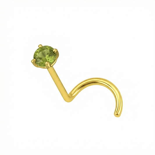 Minimal 14K Gold Peridot Natural Stone Nose Stud with claw-set green gemstone and screw design for secure fit in body jewelry collections.