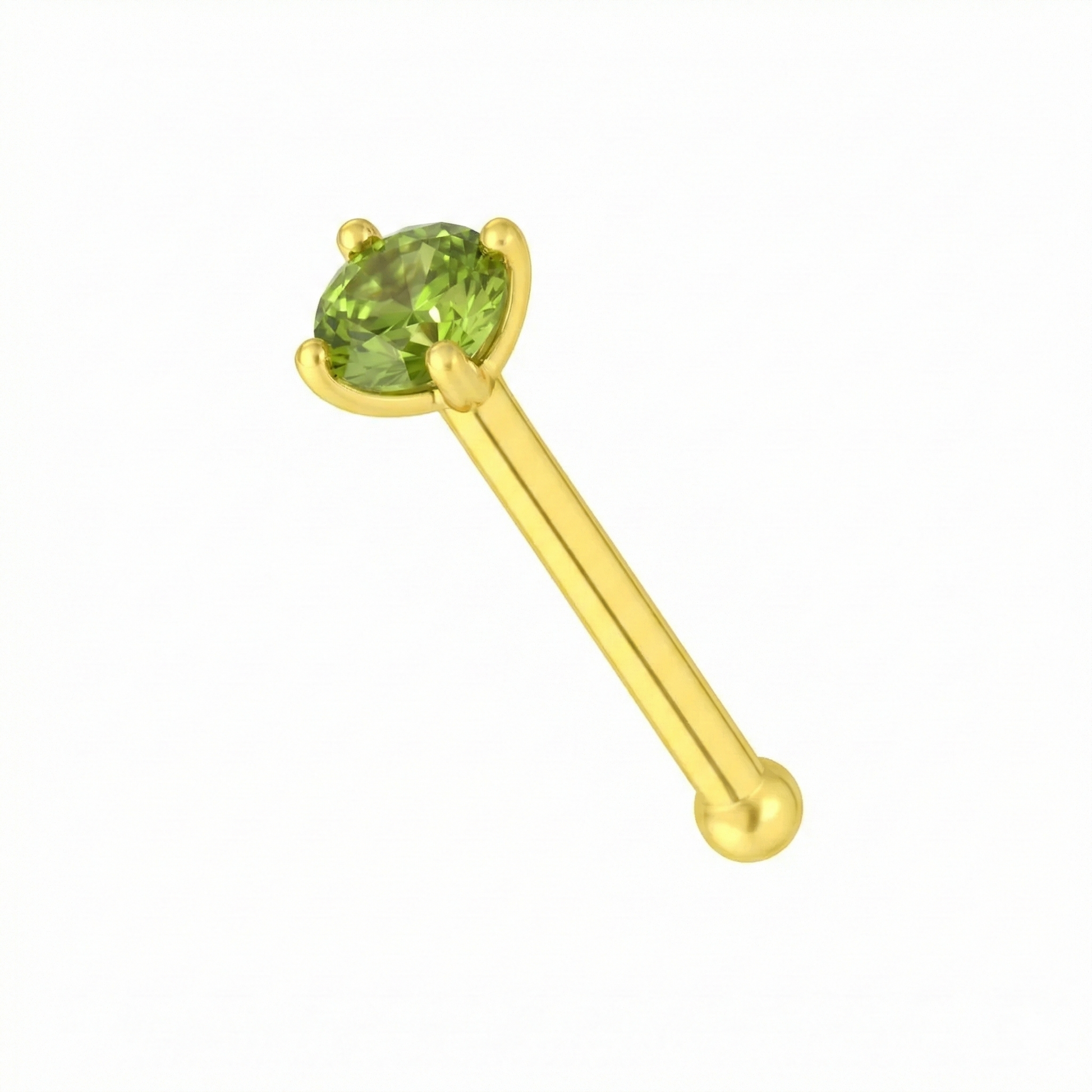 Minimal 9K Gold Peridot Natural Stone Nose Stud featuring a claw-set round green peridot on a polished gold nose bone shaft, ideal for daily wear.