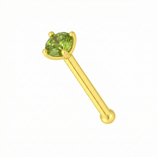 Minimal 9K Gold Peridot Natural Stone Nose Stud featuring a claw-set round green peridot on a polished gold nose bone shaft, ideal for daily wear.