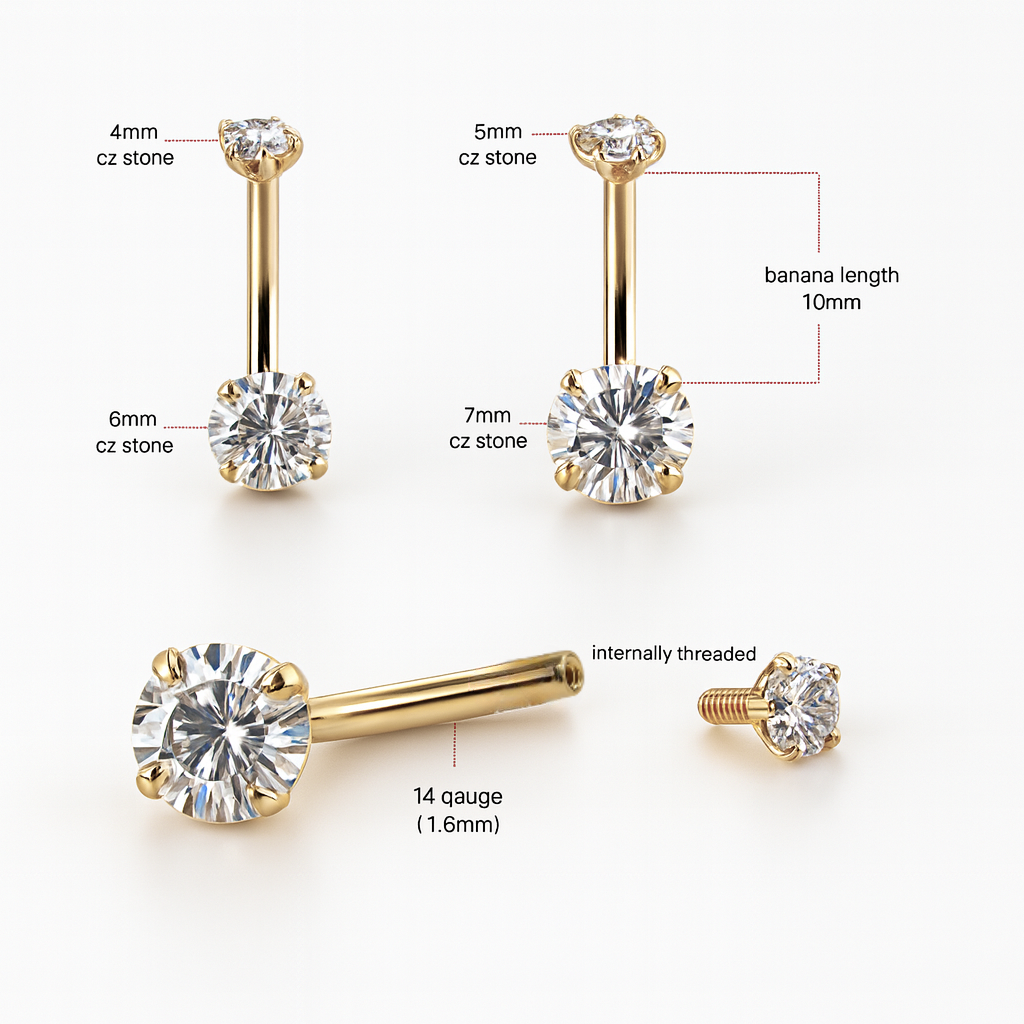 Detailed view of 14K gold belly ring with clear CZ stones, showing size options, 14 gauge bar, and internally threaded design for secure fit.