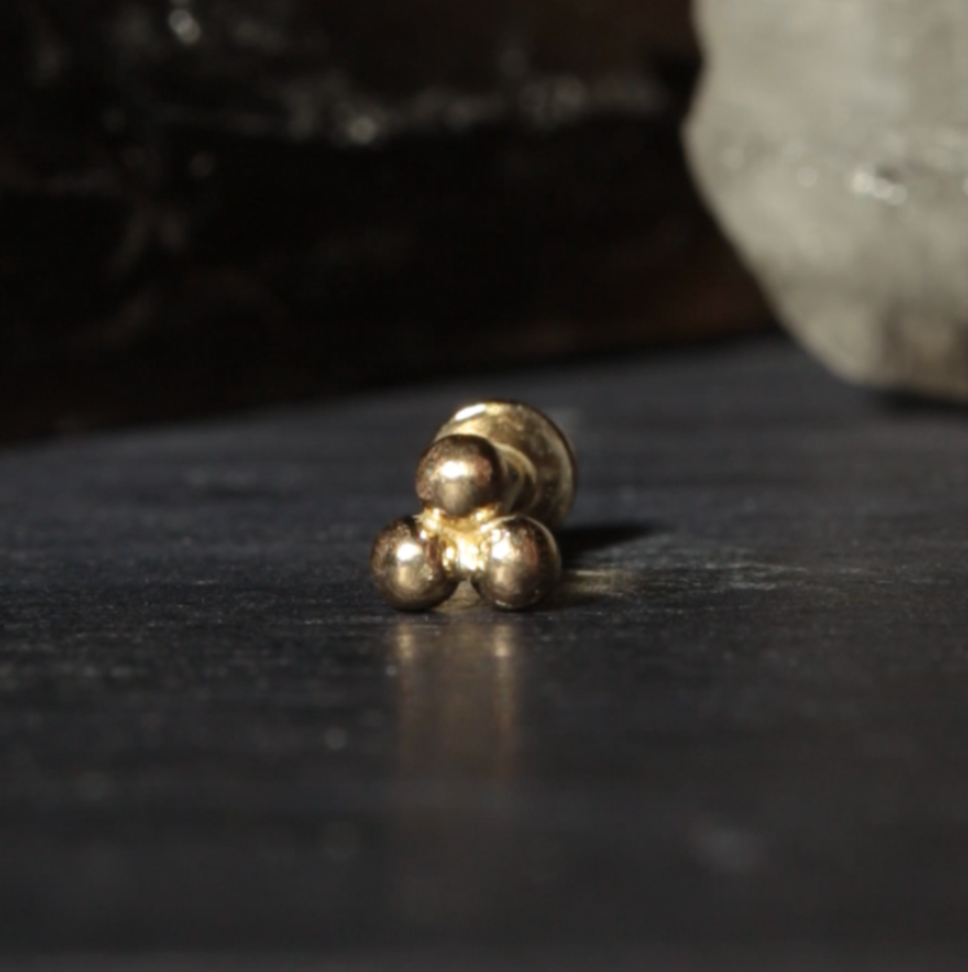 14K Gold Internally Threaded Trinity Balls Flatback Stud - Monster Piercing
