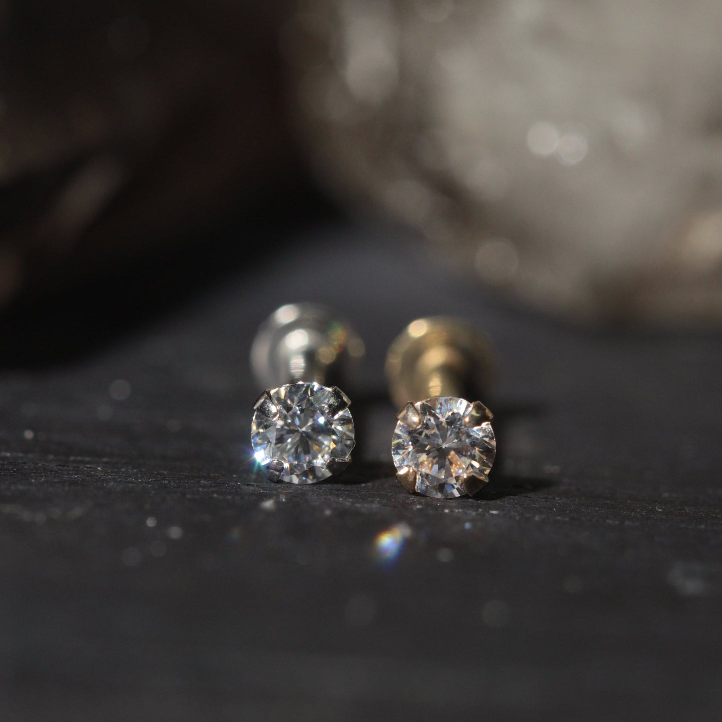 14K Gold Lip Labret with Round Cubic Zirconia Push Fit Top - Monster Piercing