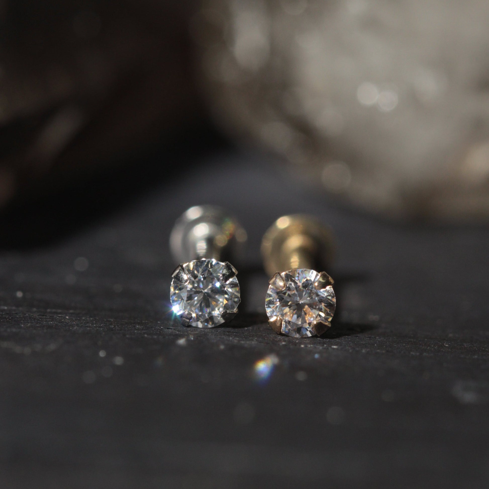 14K Gold Lip Labret with Round Cubic Zirconia Push Fit Top - Monster Piercing