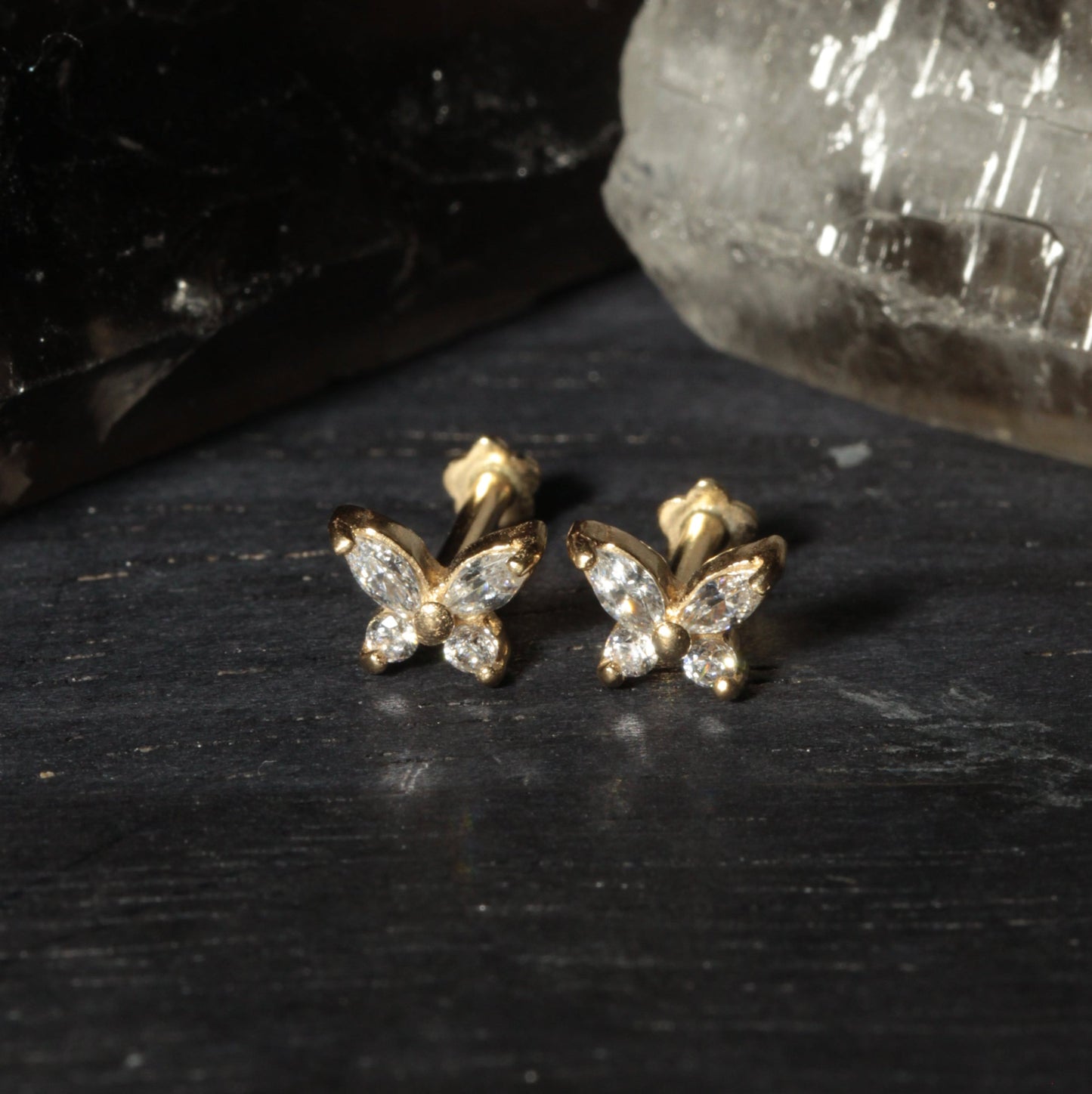 14K Gold CZ Jewelled Butterfly Design Internal Thread Labret with Flowerback Stud - Monster Piercing