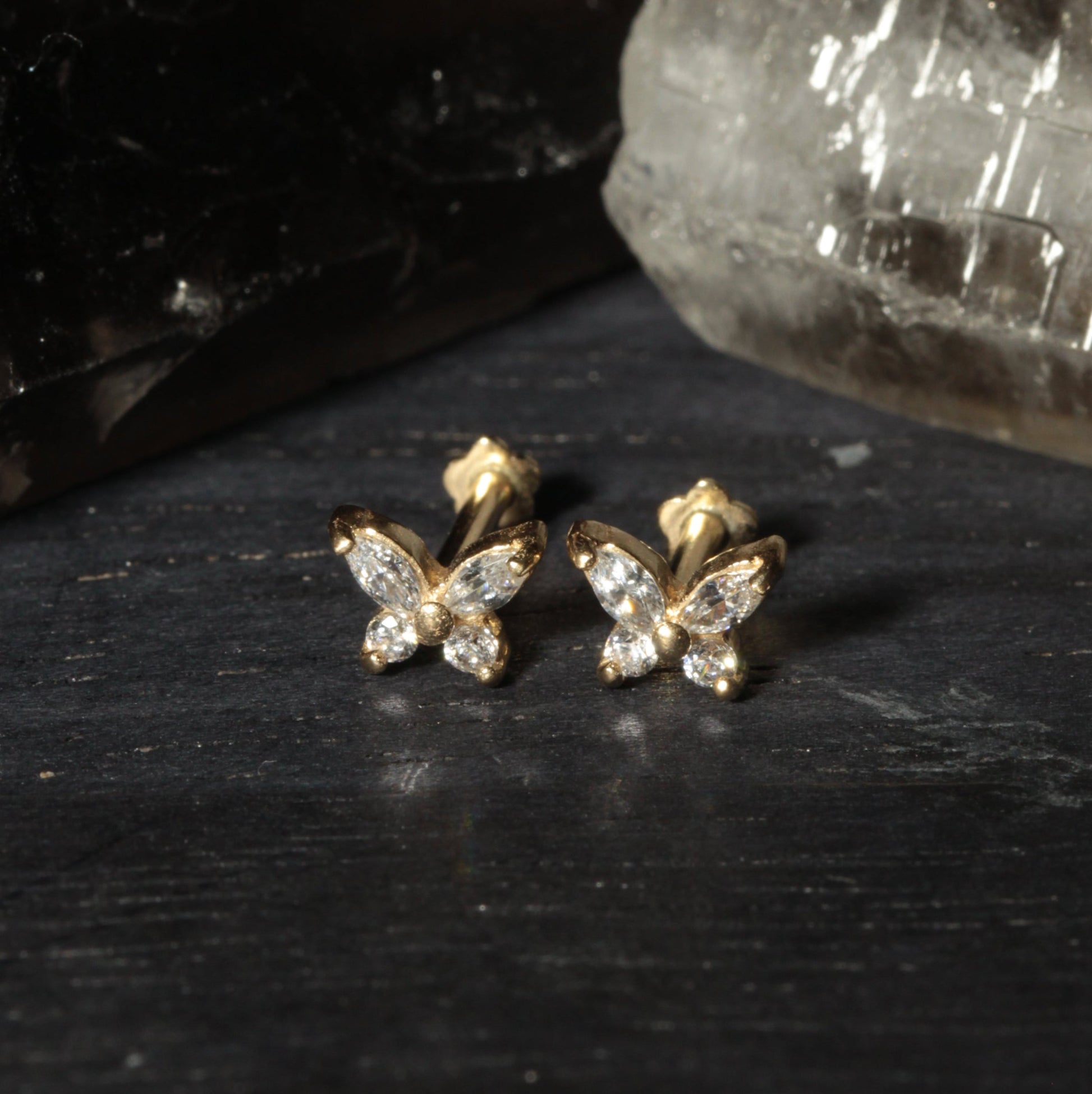 14K Gold CZ Jewelled Butterfly Design Internal Thread Labret with Flowerback Stud - Monster Piercing