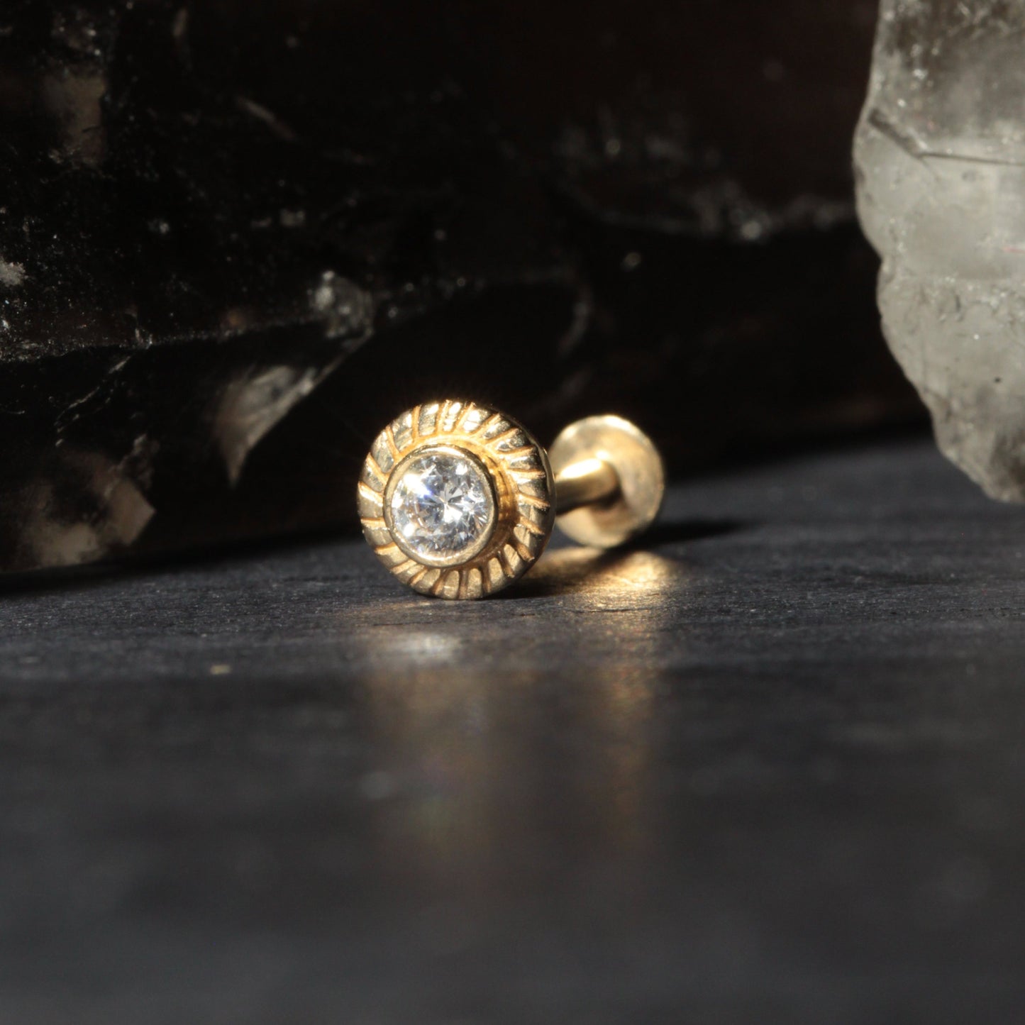 14K Gold Internally Threaded Round CZ Jewelled Screw Fit Stud - Monster Piercing