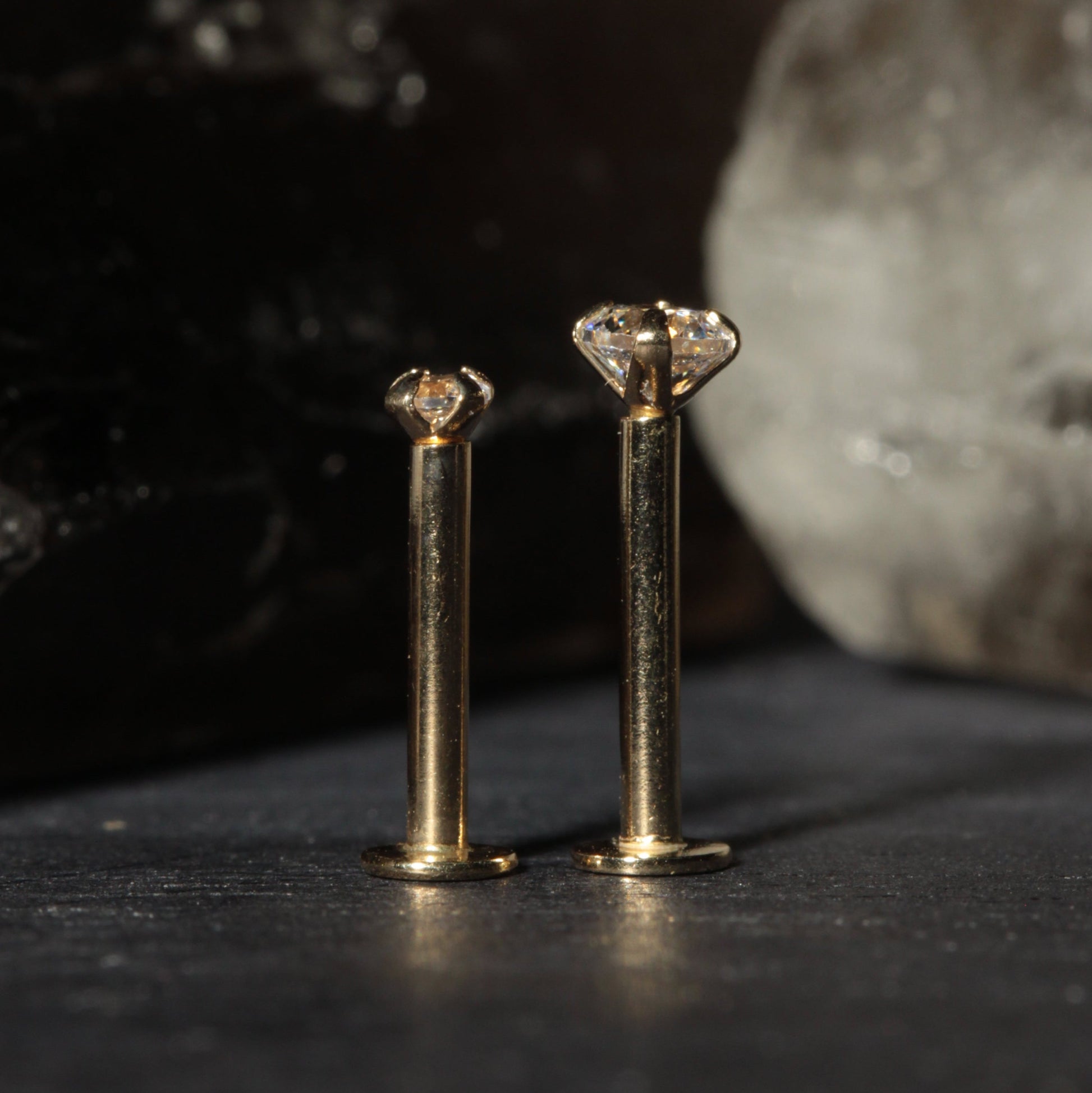 14K Gold Round Cubic Zirconia Top Internally Threaded Stud - Monster Piercing