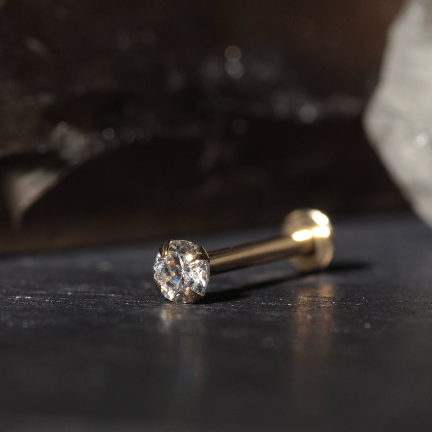 14K Gold Round Cubic Zirconia Jewelled Push Fit Top - Monster Piercing