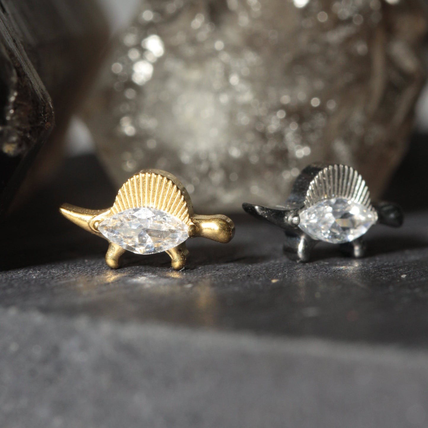 G23 Titanium Marquise CZ Jewelled Stegosaurus Internally Threaded Flatback Stud - Monster Piercing