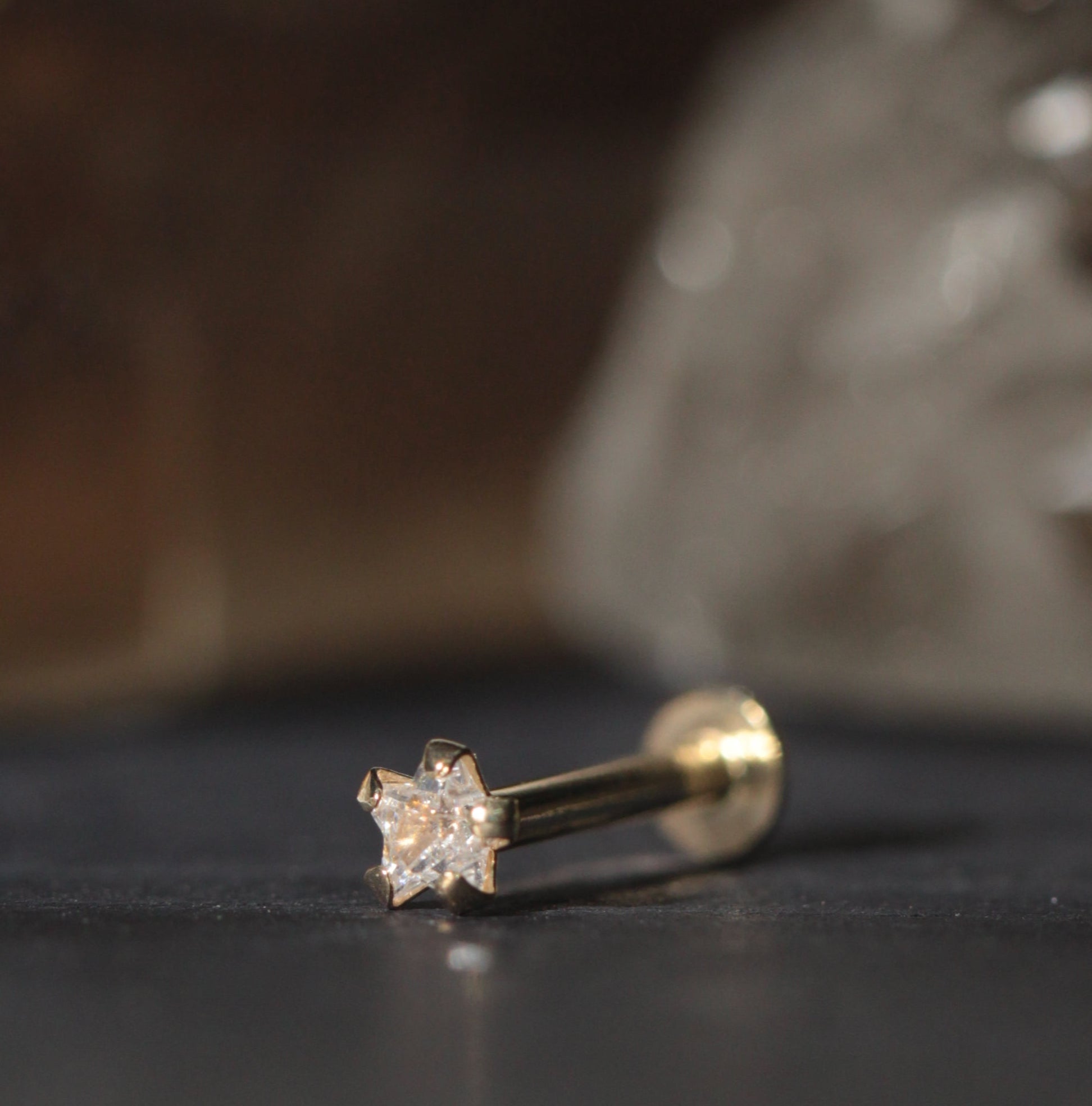9K yellow Gold Star Cut Cubic Zirconia Stone Top Internal Push Type Stud - Monster Piercing