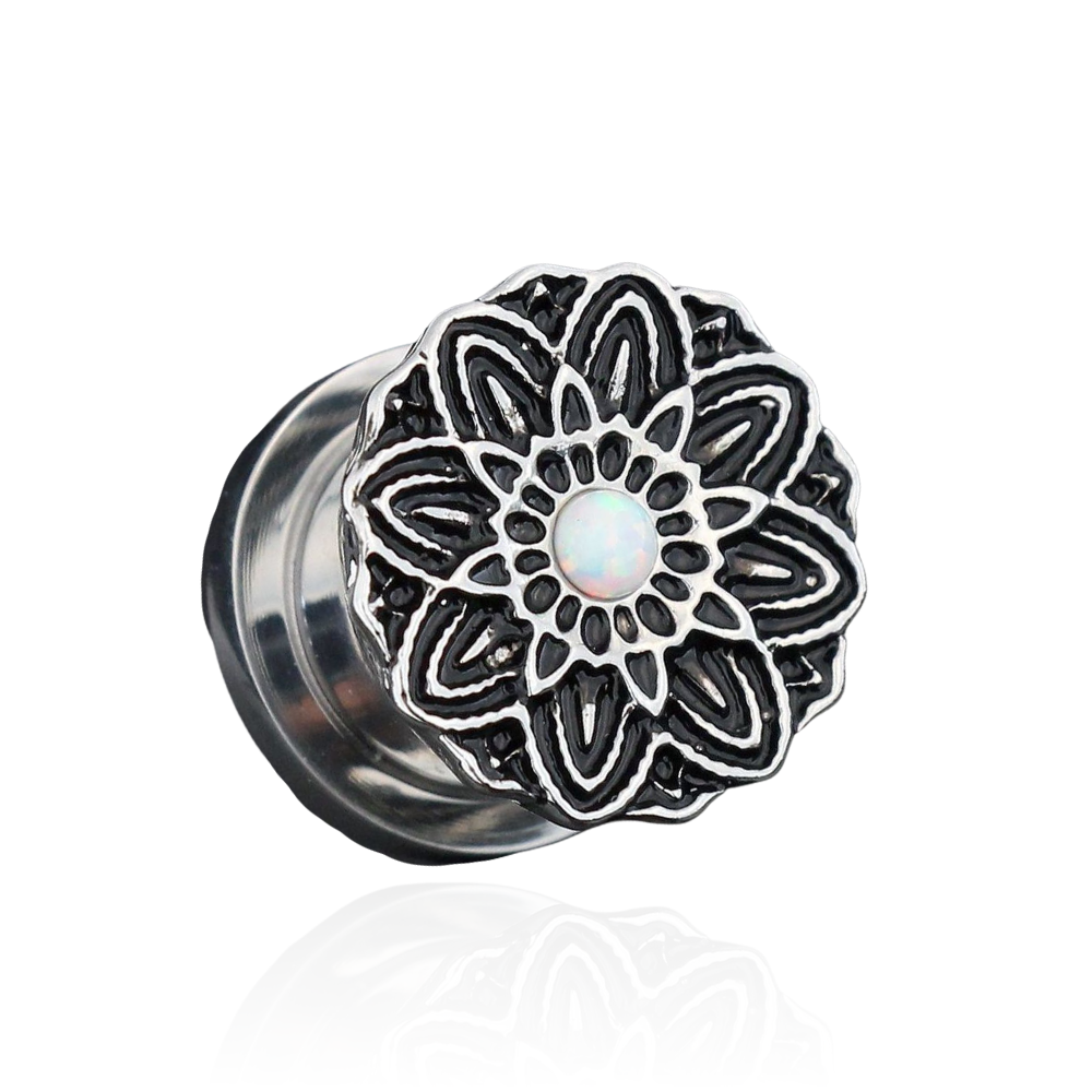 316L Surgical Steel Flower with Opal Stone Ear Flesh Tunnel - Monster Piercing