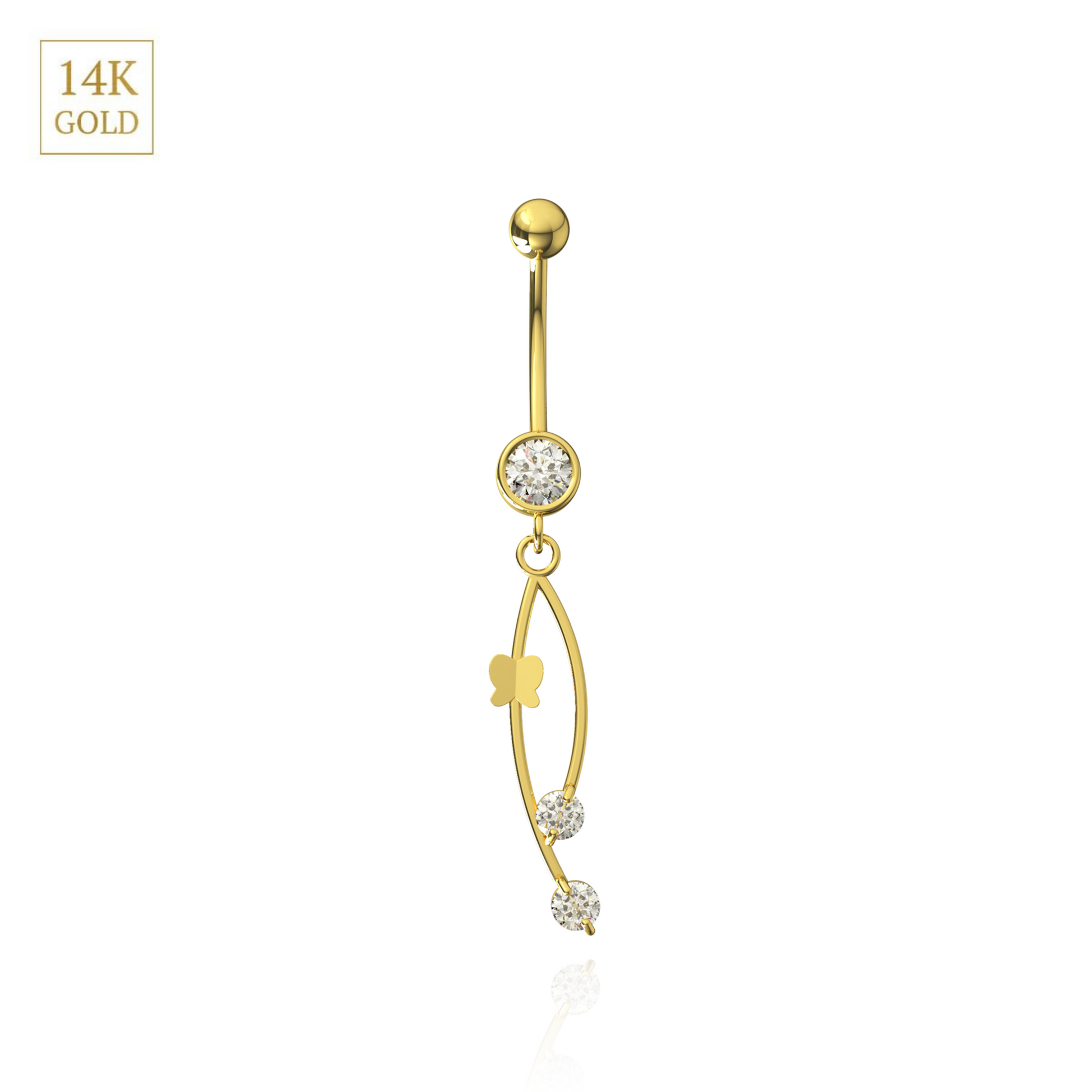 14K Gold CZ Italian Horn Danglers Belly Ring featuring a butterfly charm and cubic zirconia stones in a curved gold design. Elegant fine piercing jewelry.