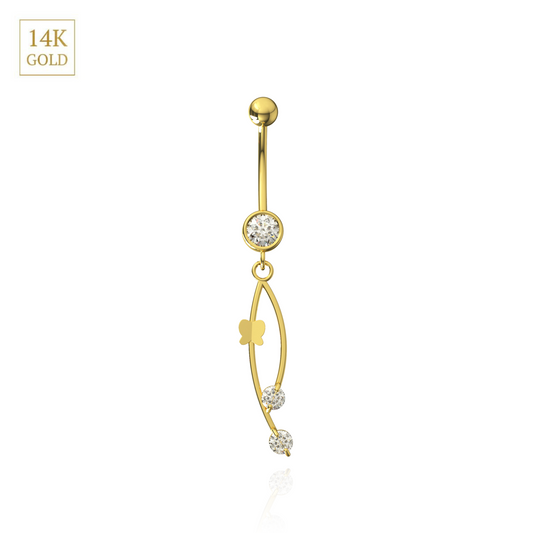 14K Gold CZ Italian Horn Danglers Belly Ring featuring a butterfly charm and cubic zirconia stones in a curved gold design. Elegant fine piercing jewelry.