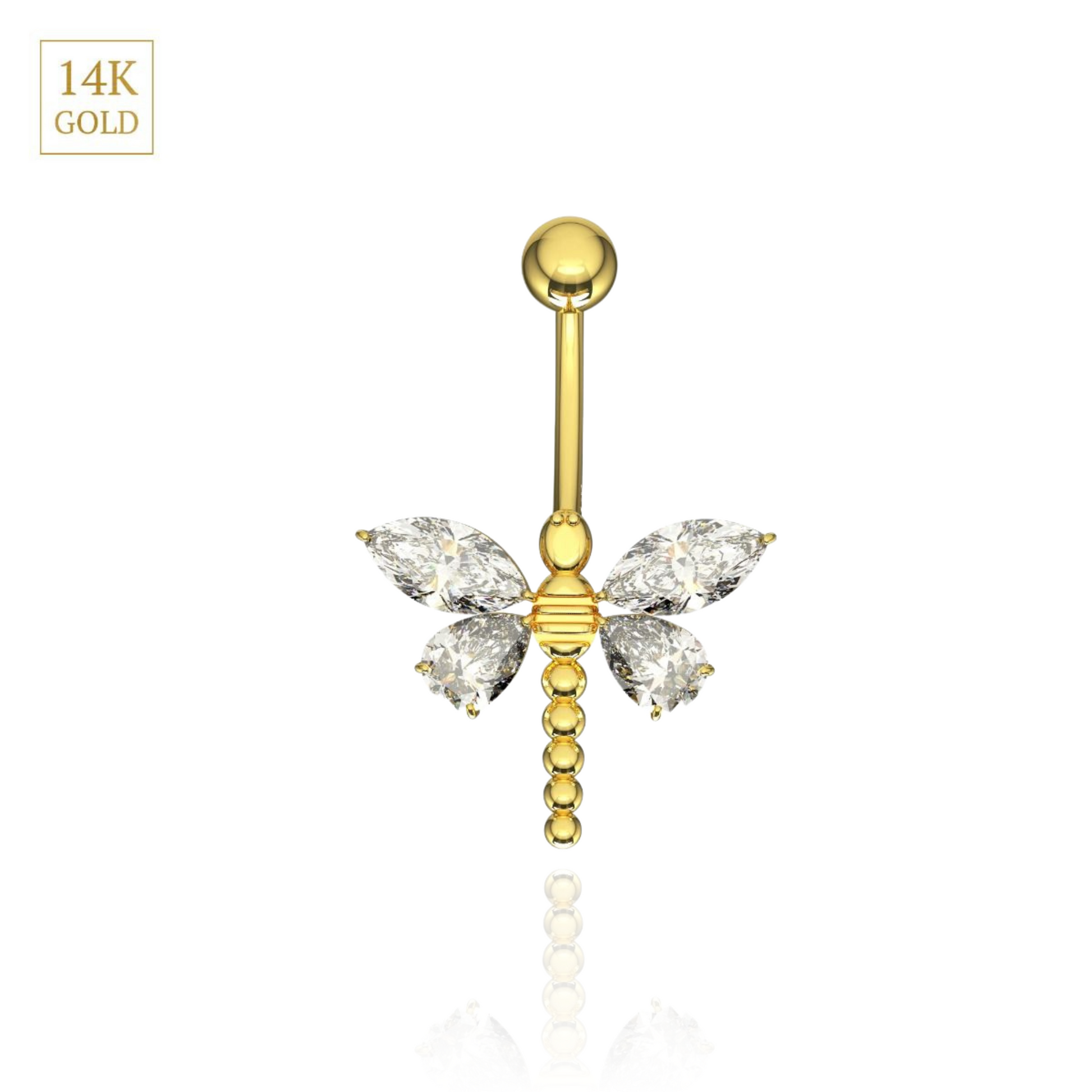 14K Solid Gold Jewelled Dangling Dragonfly Belly Ring - Monster Piercing