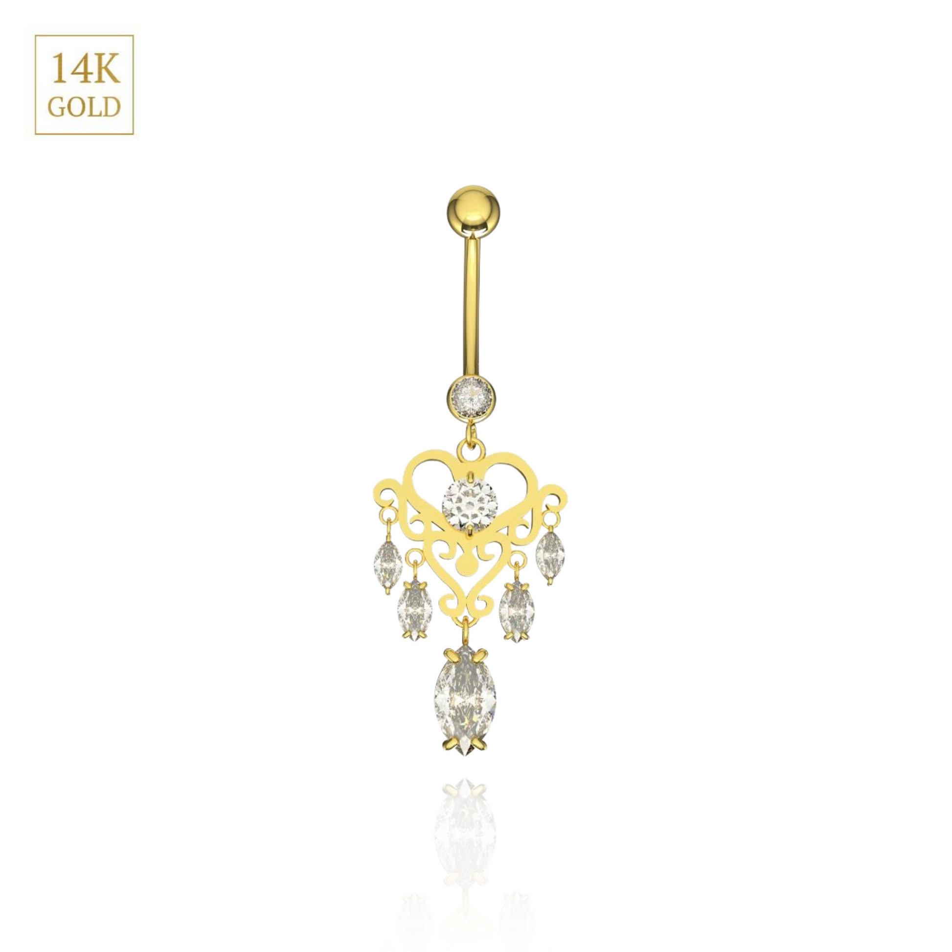 14K Gold Studded Heart Dangling Belly Ring - Monster Piercing