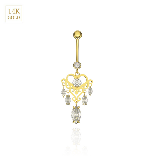 14K Gold Studded Heart Dangling Belly Ring - Monster Piercing