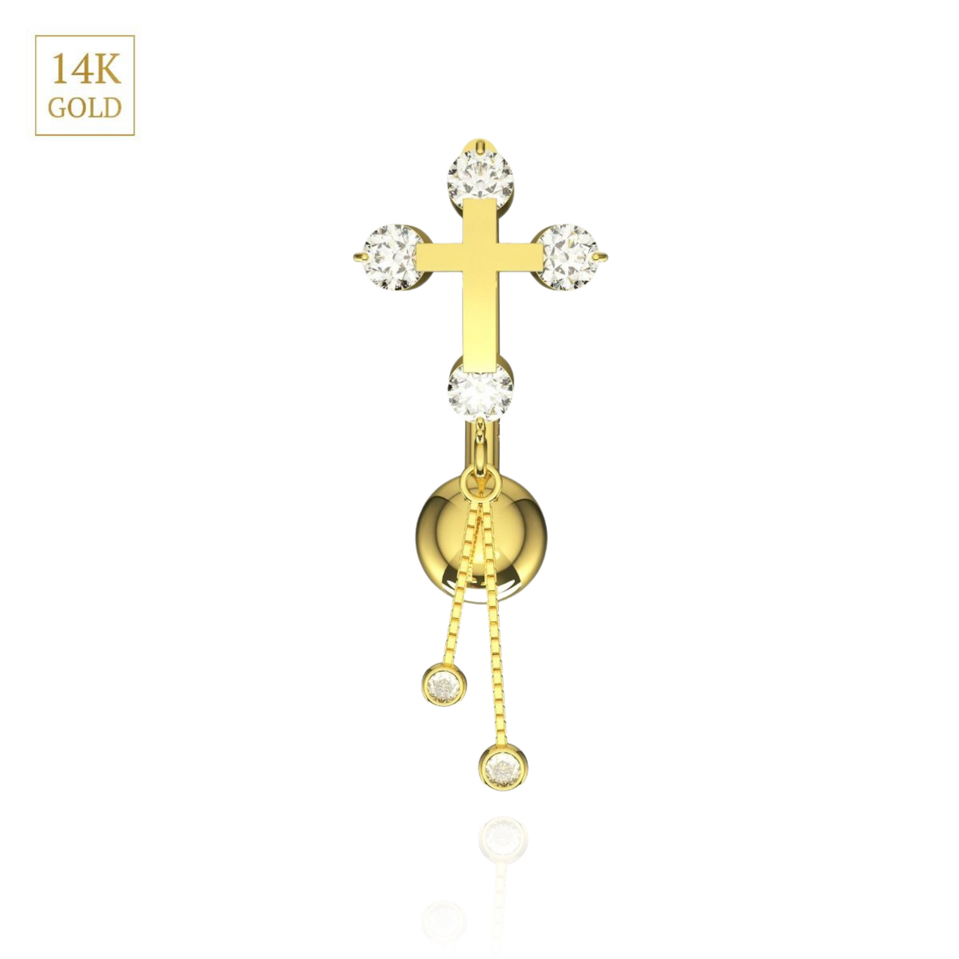 14K Gold Studded Cross Dangler Belly Ring - Monster Piercing
