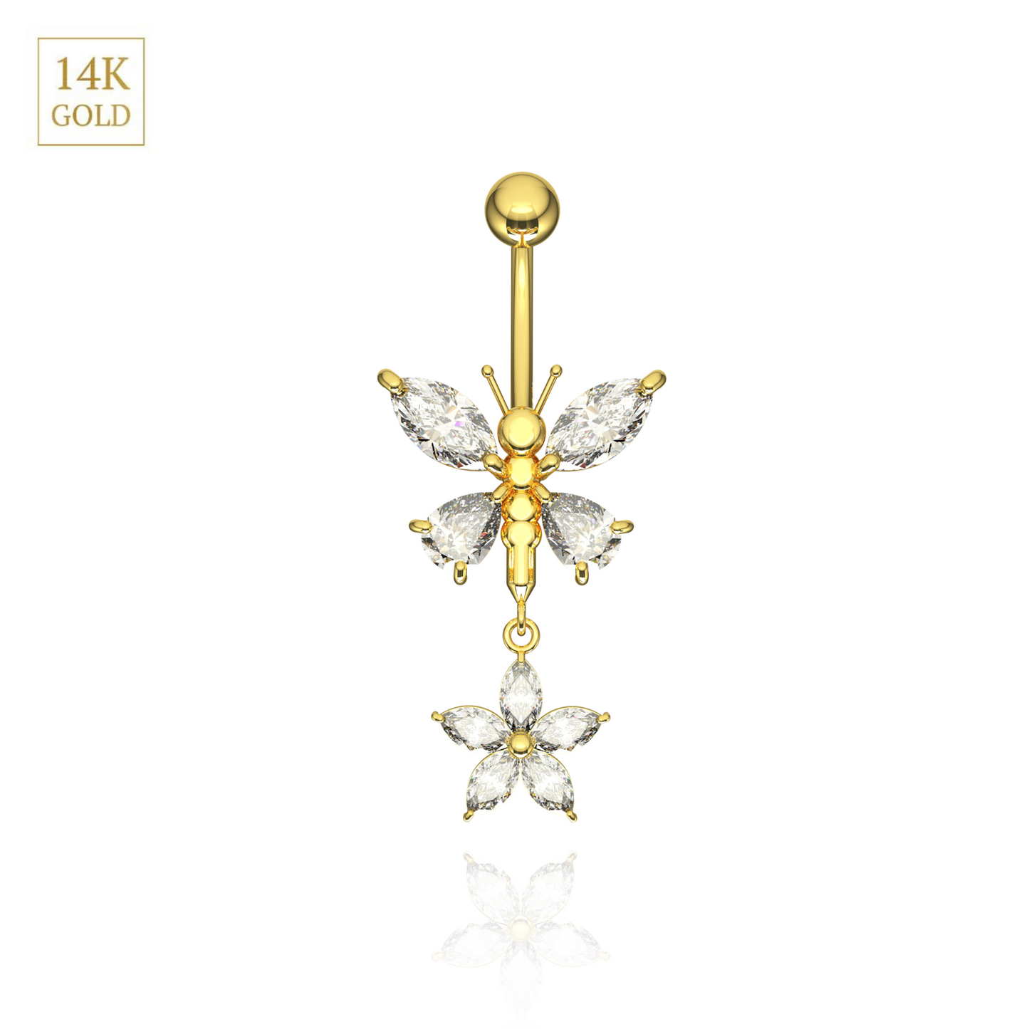 14K Gold Jewelled Dangling Butterfly Belly Ring - Monster Piercing