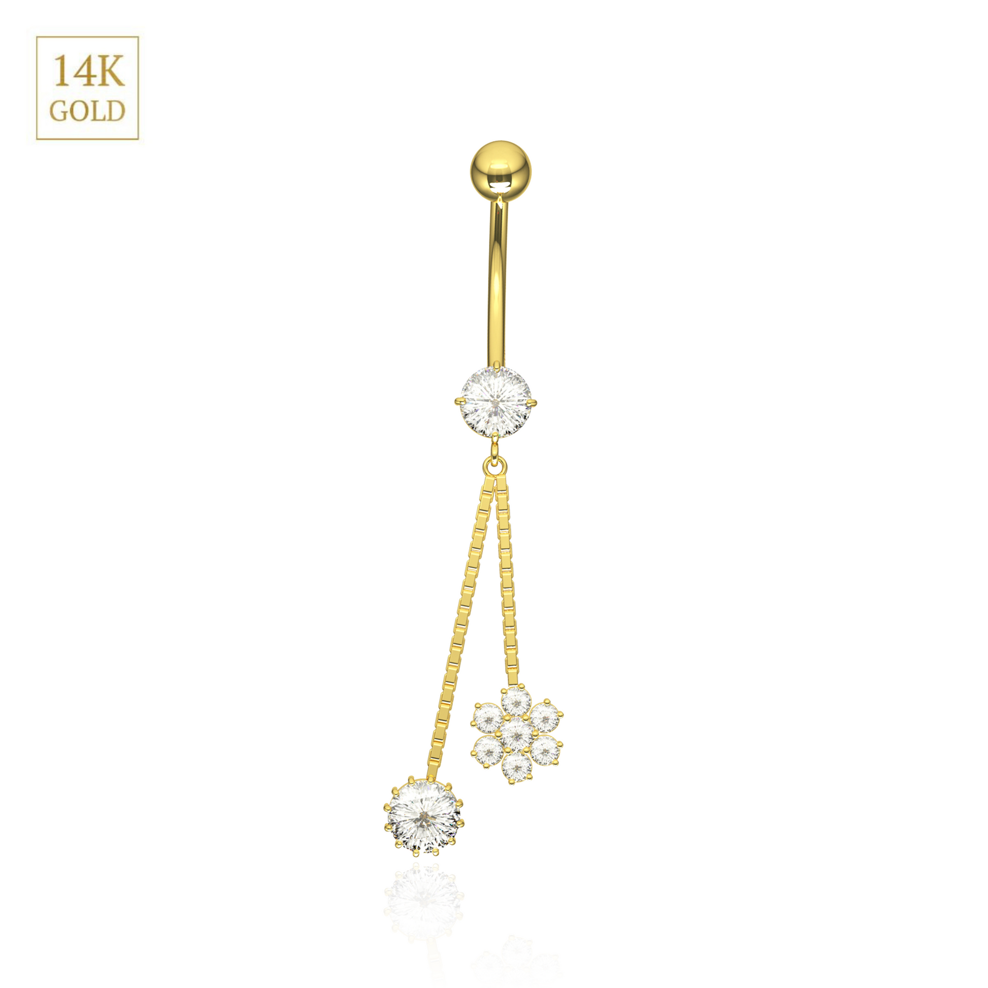 14K Gold Flower and CZ Jewelled Dangling Belly Ring - Monster Piercing