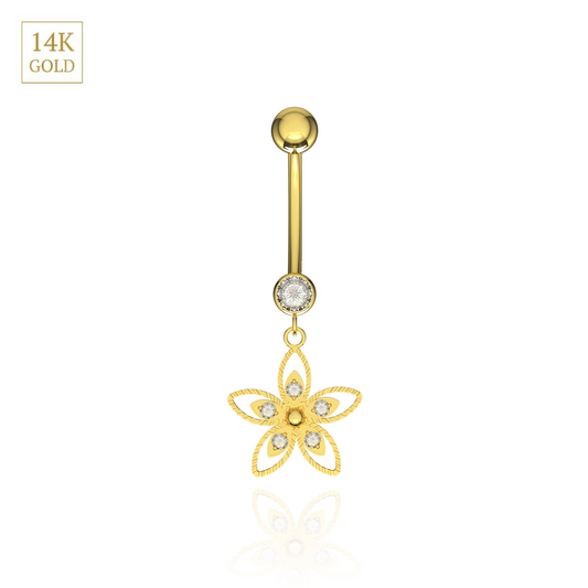 14K Gold CZ Jewelled Flower Design Dangling Belly Ring - Monster Piercing