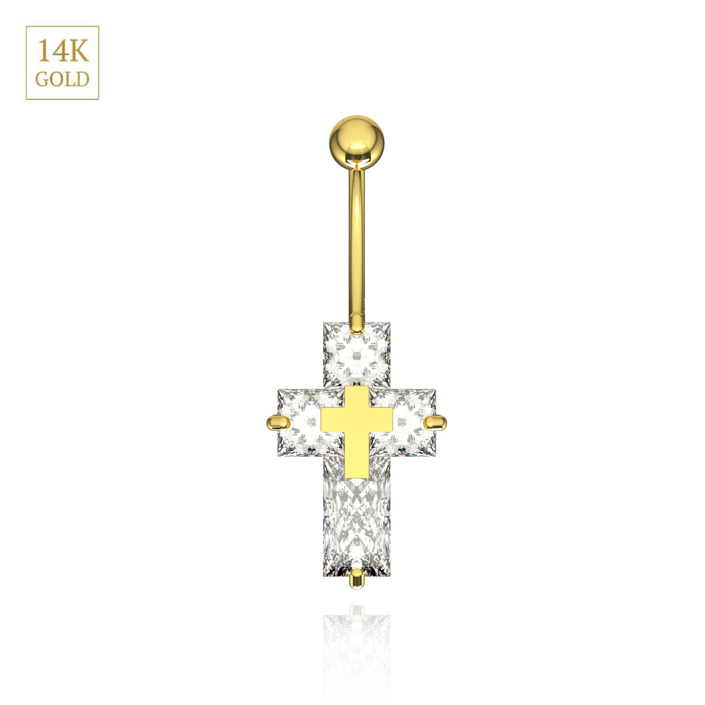 14K Gold CZ Jewelled Cross Belly Bar - Monster Piercing